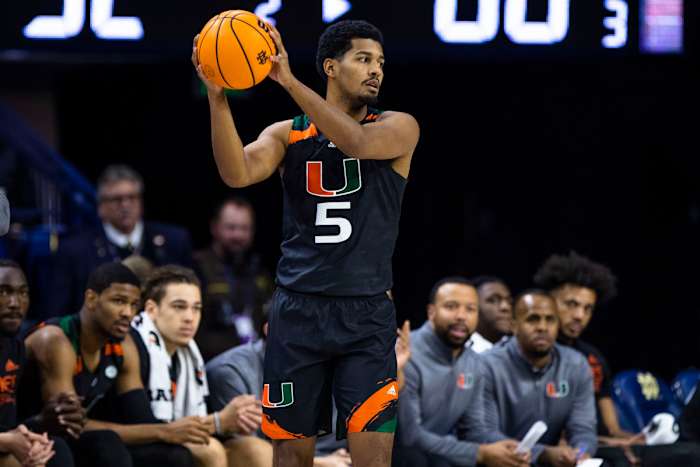 Miami's Harlond Beverly (5) during the second half of an NCAA college basketball game against Notre Dame Friday, Dec. 30, 2022 in South Bend, Ind.
